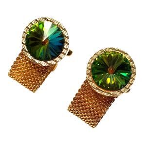 Gold wrap Cufflinks Rivoli style watermelon green & pink stones vintage 1970s